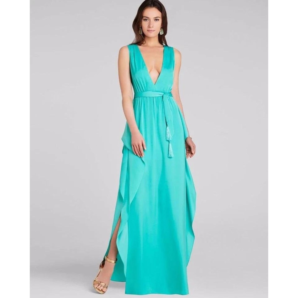 BCBG Teal Ruffle Maxi Dress Size 2 Evening Formal Wedding Guest Fairy Ethereal